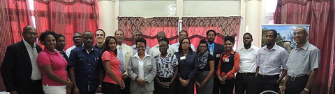 Participants at the First Meeting of the Consortium of Regional Sectoral Early Warning Information Systems Across Climate Timescales Coordination Partners, May 6-7, 2015 at the CIMH Headquarters in St. James, Barbados