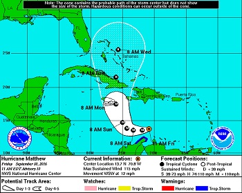 5-Day Forecast of Hurricane Matthew as at 11:00 a.m. Friday September 30, 2016 (National Hurricane Center, Miami, Florida)