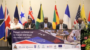 Members of the Head Table at the Closing Session of the Regional Seismic Risk Forum held in Haiti, 18-21 September, 2016. From Left: Mr. Arturo López-Portillo Contreras, ACS; Mr. Ronald Jackson, CDEMA; Mr. François Anick Joseph, Minister of the Interior and Local Authorities, Haïti,  Mr. Fritz Deshommes, State University; Mr. Yves Fritz Joseph, National Laboratory of Building and Public Work of Haiti. Photo credit: UNDP Haiti