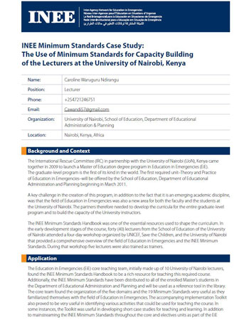 INEE Minimum Standards Case Study - The Use of Minimum Standards for Capacity Building of the Lecturers at the University of Nairobi, Kenya