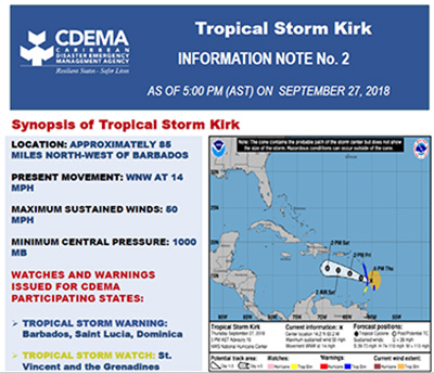 CDEMA Information Note #2 - Tropical Storm Kirk as of 5:00PM (AST) on September 27, 2018