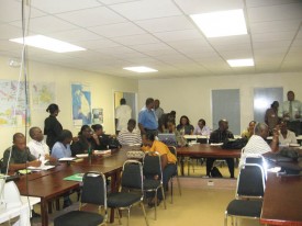 Officials from the National Office of Disaster Services, the Ministry of Health and Social Transformation, the Ministry of Education and media personnel gathered at the NODS Office Complex during an earthquake workshop and campaign launch yesterday.