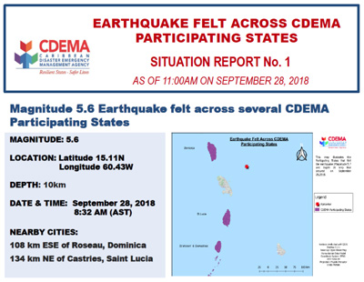 CDEMA Situation Report #1 - Earthquake felt across CDEMA Participating States as of 11:00AM (AST) on September 28, 2018