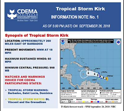 CDEMA Information Note #1 - Tropical Storm Kirk as of 5:00PM (AST) on September 26, 2018