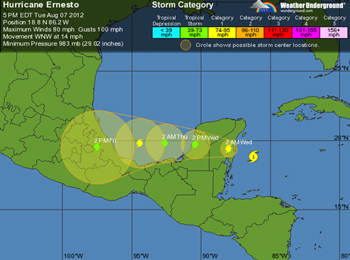 Hurricane Ernesto track across the Yucatan Peninsula