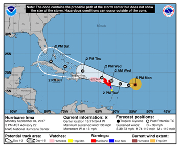 Hurricane Irma forecast track, September 4, 2017 - NHC
